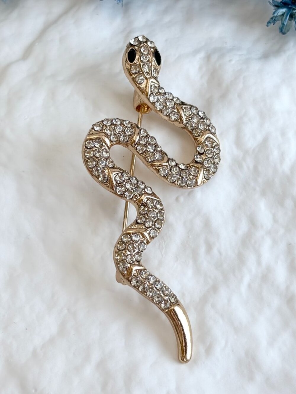 Serpent | Snake Figural Gold Toned Rhinestoned Slithering Black Eyed Brooch Pin
